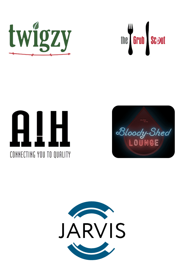 Logos for Twigzy, Grub Hub, AIH Fasteners, Bloody Shed Lounge and JARVIS
